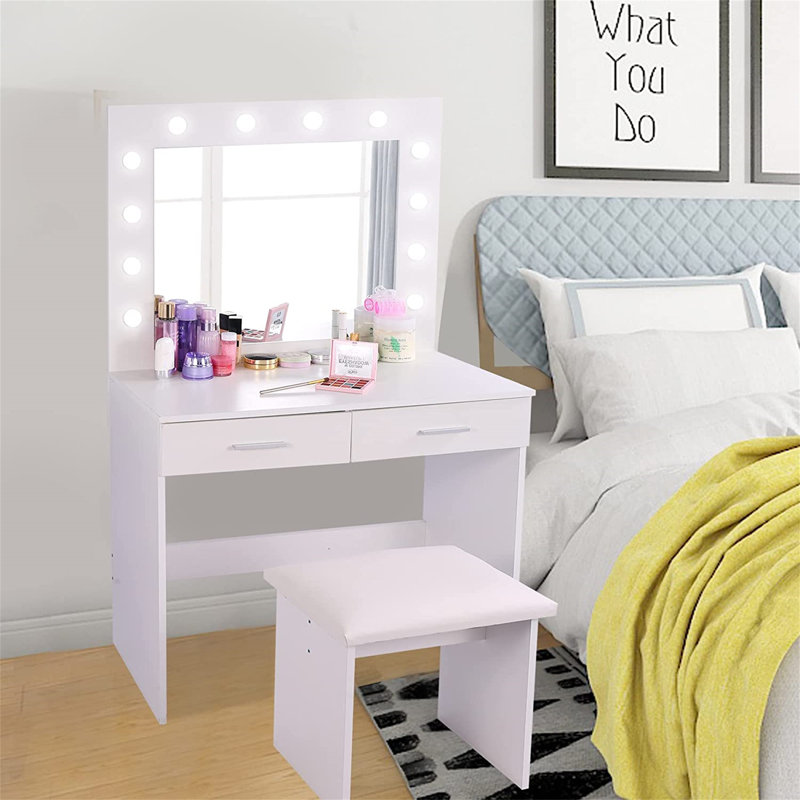 Ensoudre Toilette Lumineux Pour Enfant - Table Et Tabouret En Bois Rose Avec Miroir Et Tiroir Jouet